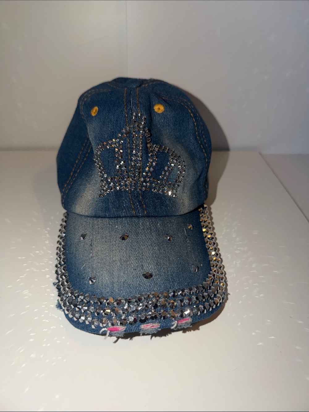 Denim Rhinestone Crown Hat - Blue with Silver Accents